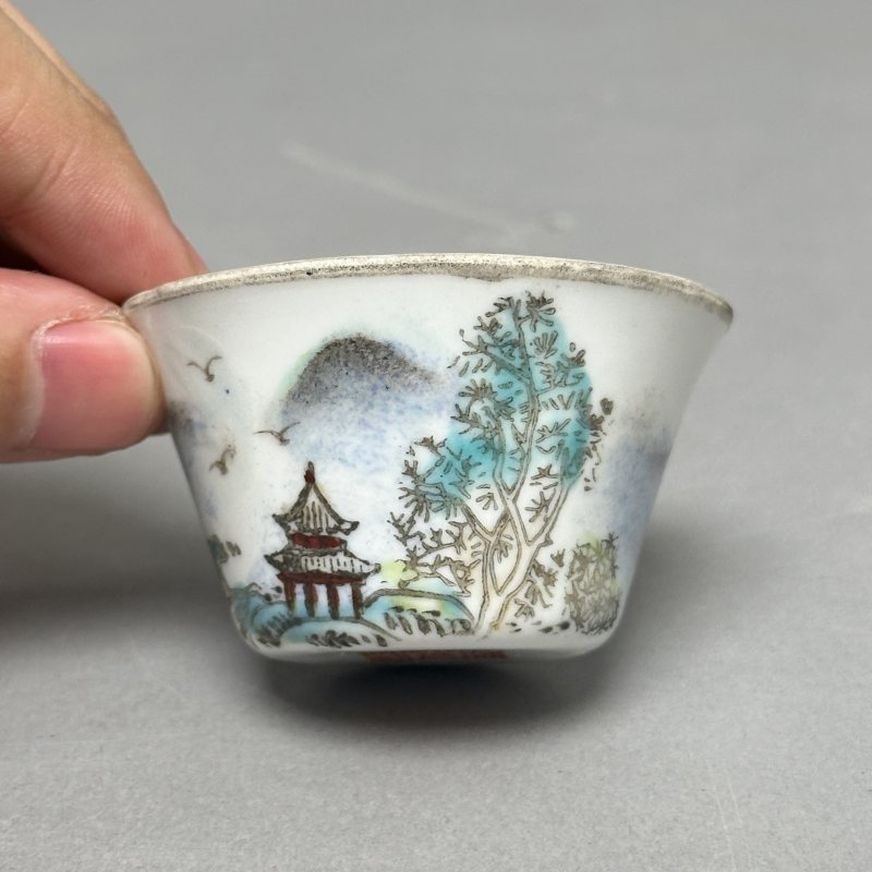 解放初 粉彩山水套杯一组 - 图10