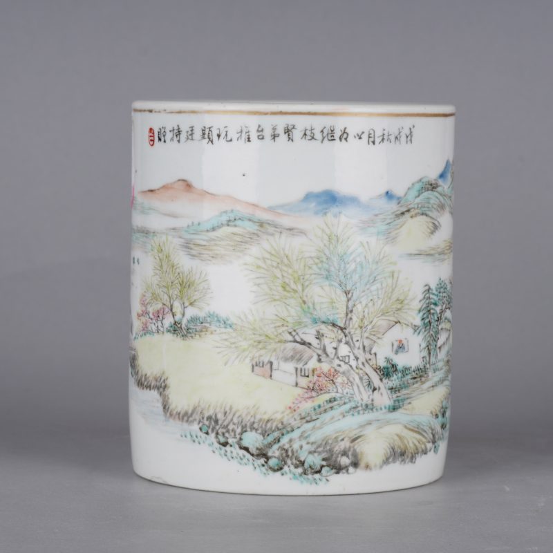 民国 浅降彩山水纹笔筒 - 图1
