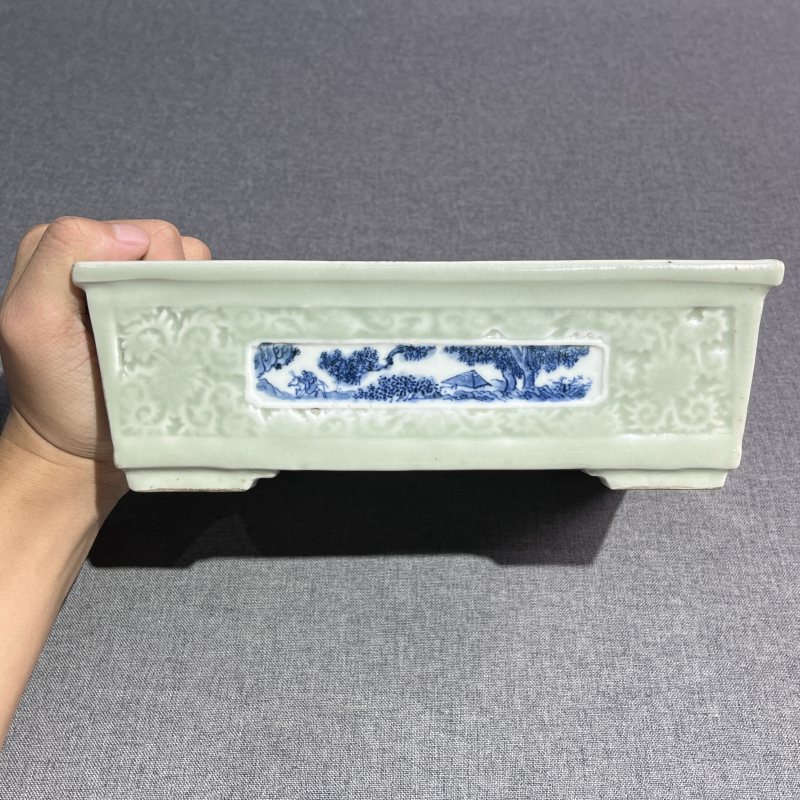 清中期豆青风景水仙盆 - 图4