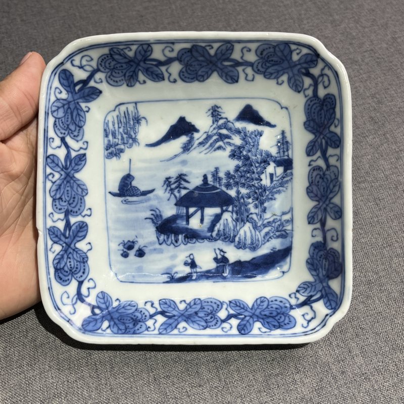 清道光青花山水四方洗 - 图4