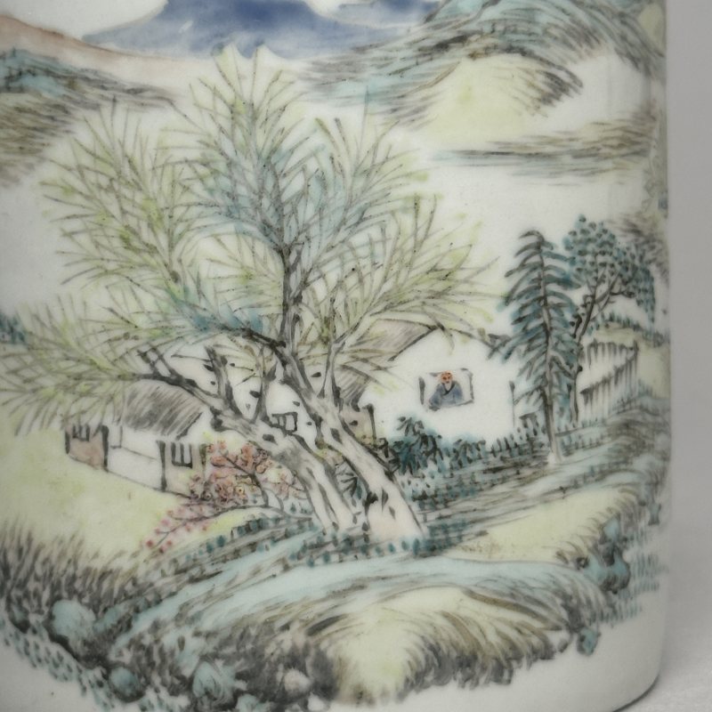 民国 浅降彩山水纹笔筒 - 图3