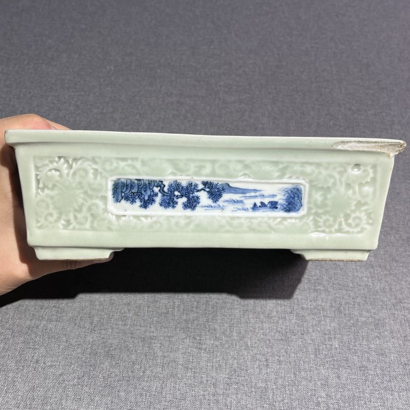 清中期豆青风景水仙盆 - 图7