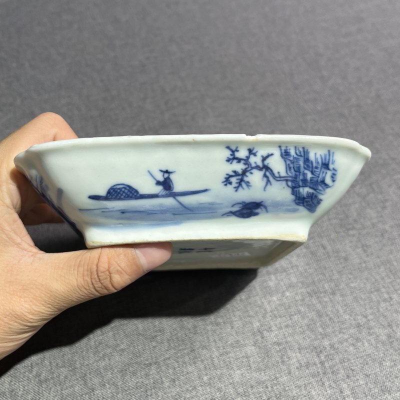 清道光青花山水四方洗 - 图7