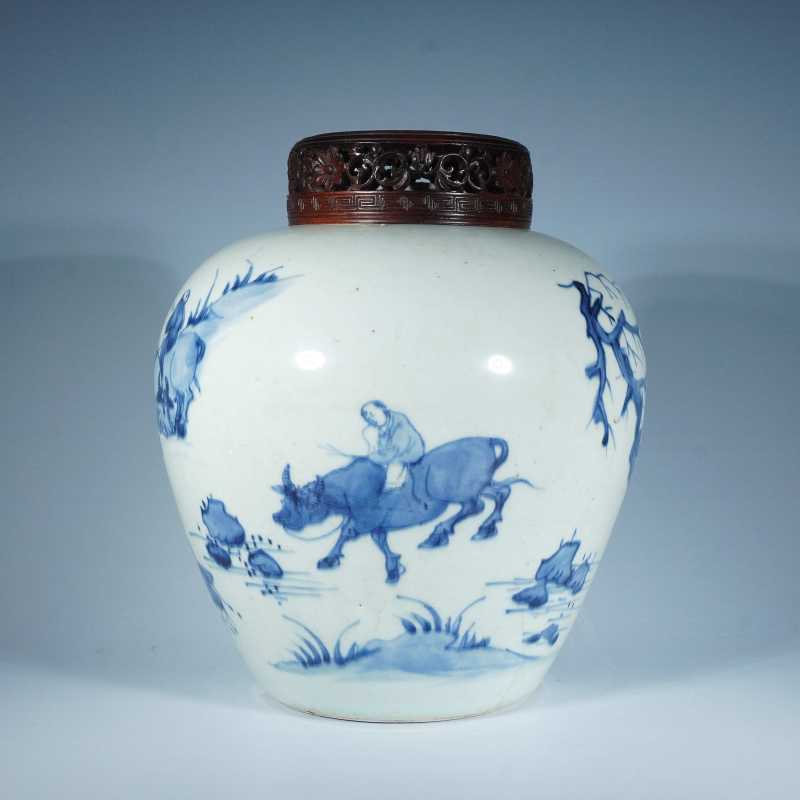 清顺治青花牧牛图罐 - 图1