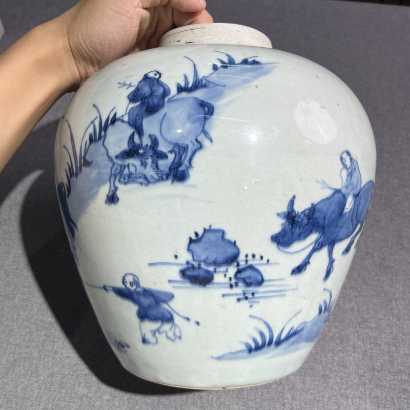清顺治青花牧牛图罐 - 图4