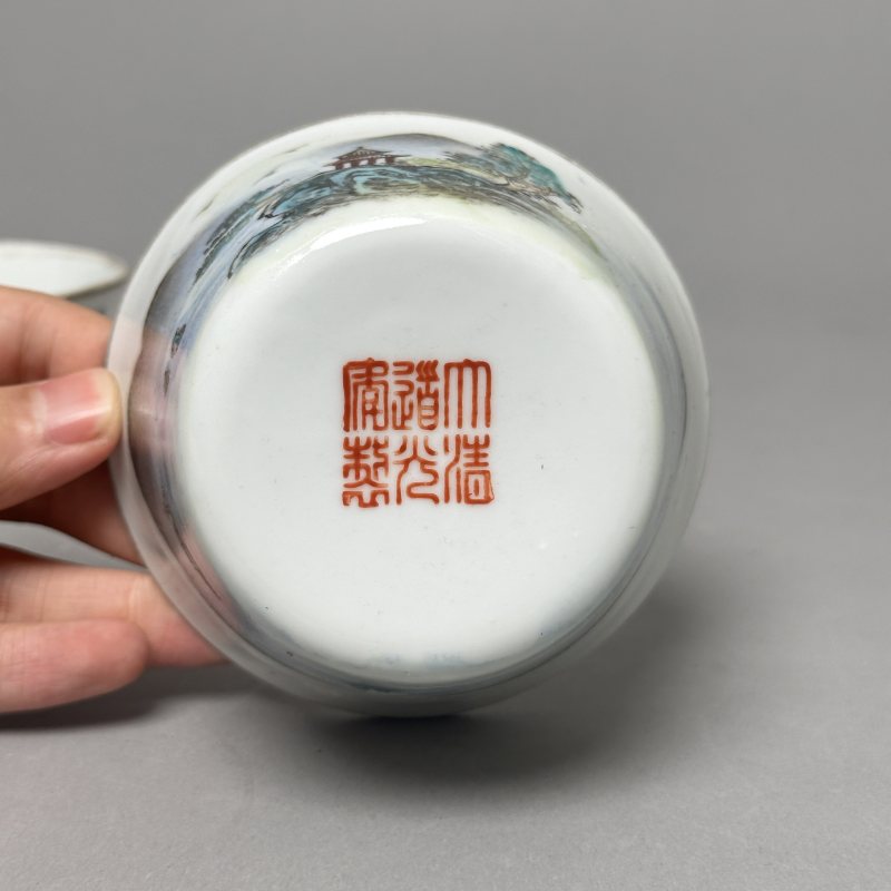 解放初 粉彩山水套杯一组 - 图31