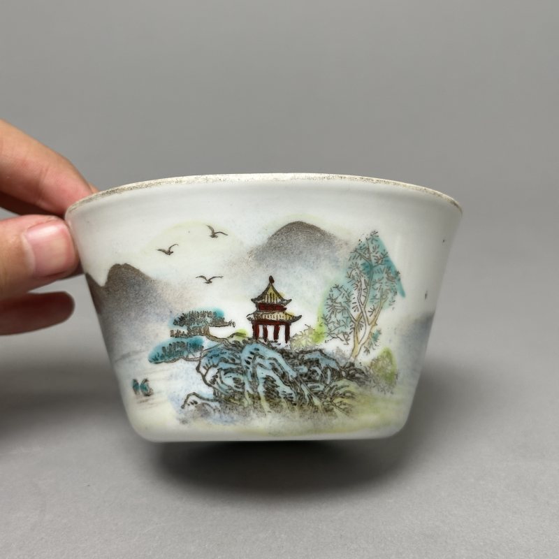 解放初 粉彩山水套杯一组 - 图32