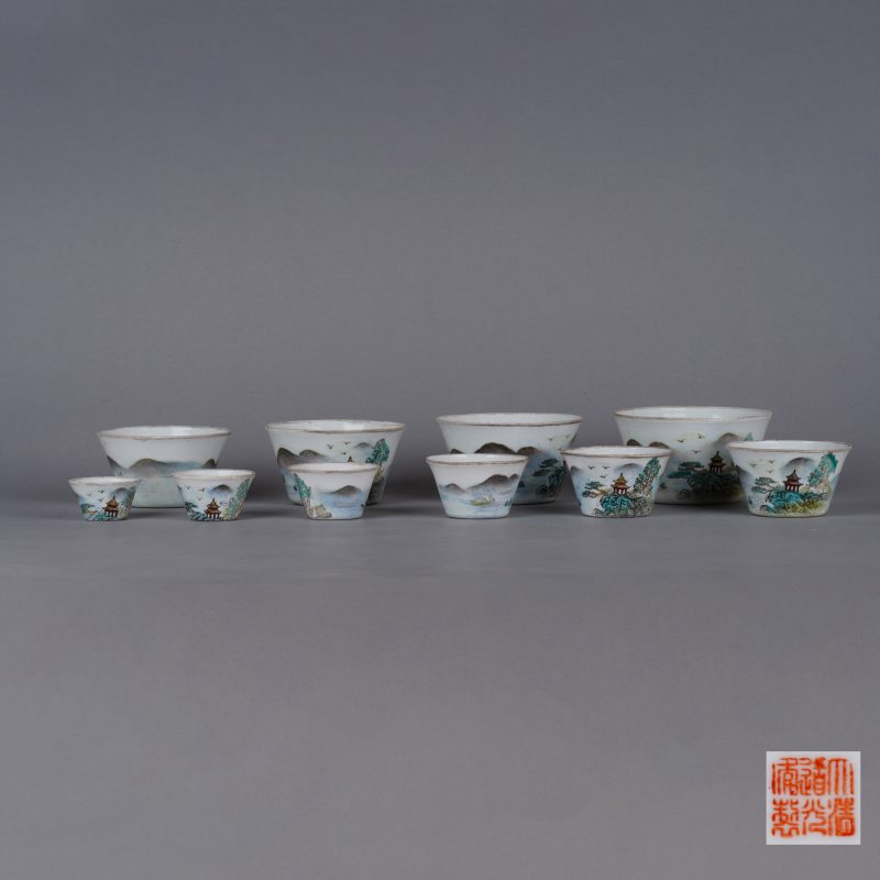 解放初 粉彩山水套杯一组 - 图1