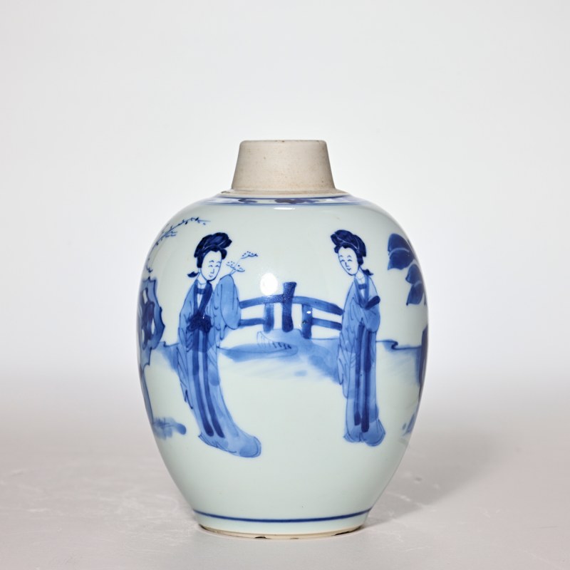 清康熙 青花仕女图小罐 - 图2