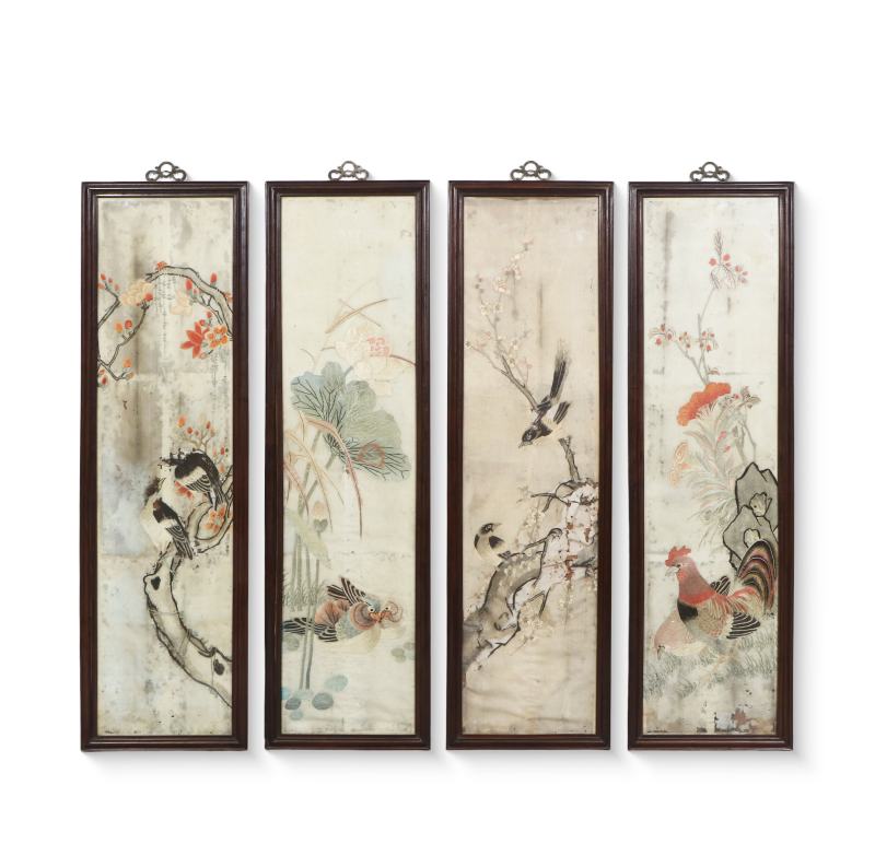清中早期粤绣花鸟四条屏（老红木框）