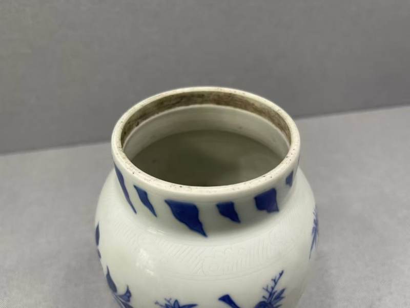 清 青花洞石花鸟纹莲子罐 - 图6