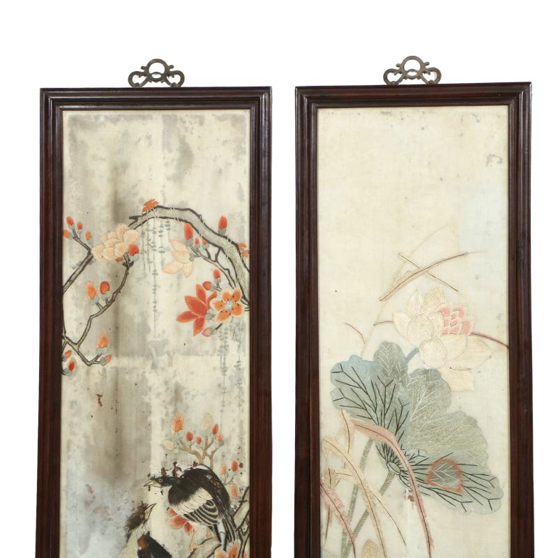 清中早期粤绣花鸟四条屏（老红木框） - 图2