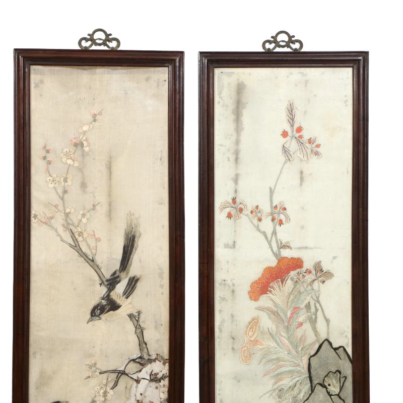 清中早期粤绣花鸟四条屏（老红木框） - 图4