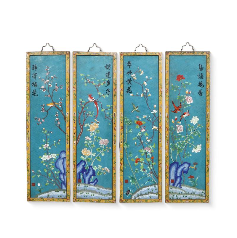 清中晚期景泰蓝嵌宝花鸟四条屏 - 图1
