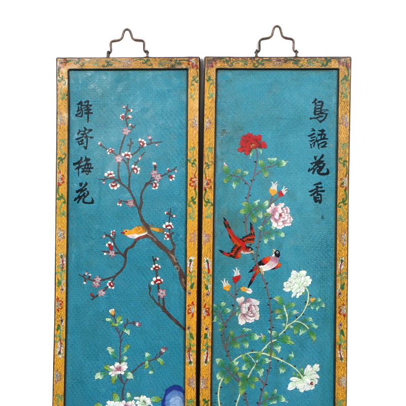 清中晚期景泰蓝嵌宝花鸟四条屏 - 图2