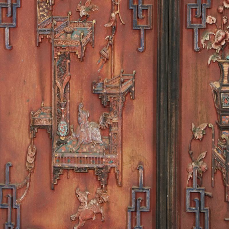 清中晚期木雕朱红地彩漆博古挂屏四扇 - 图3
