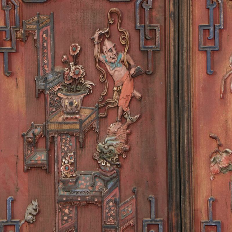 清中晚期木雕朱红地彩漆博古挂屏四扇 - 图6