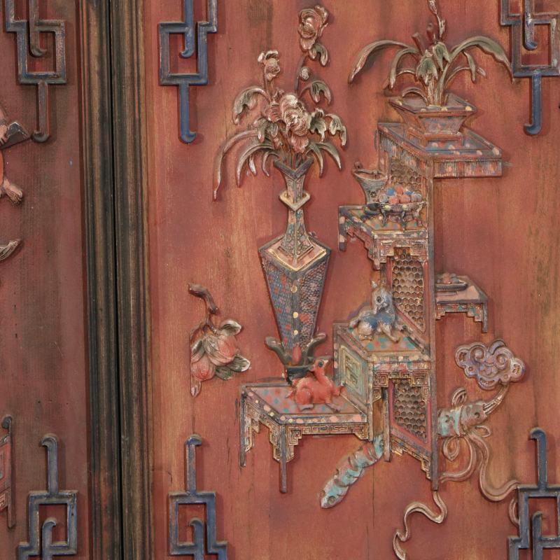 清中晚期木雕朱红地彩漆博古挂屏四扇 - 图7
