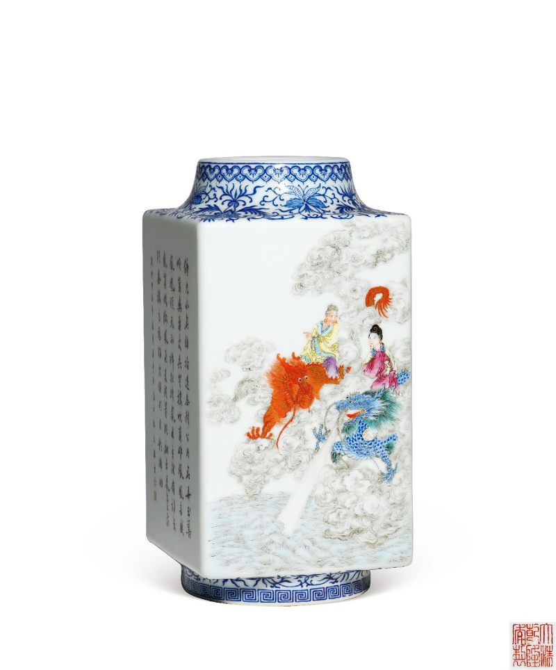 民国 珐琅彩神仙人物诗文琮式瓶