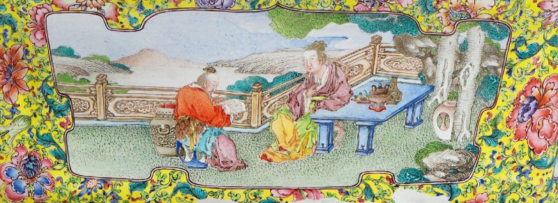 清雍正 「唐金堂」风格铜胎画珐琅开光高士山水图花盆 - 图2
