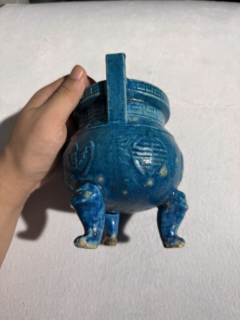 明 孔雀绿釉三足炉 - 图5