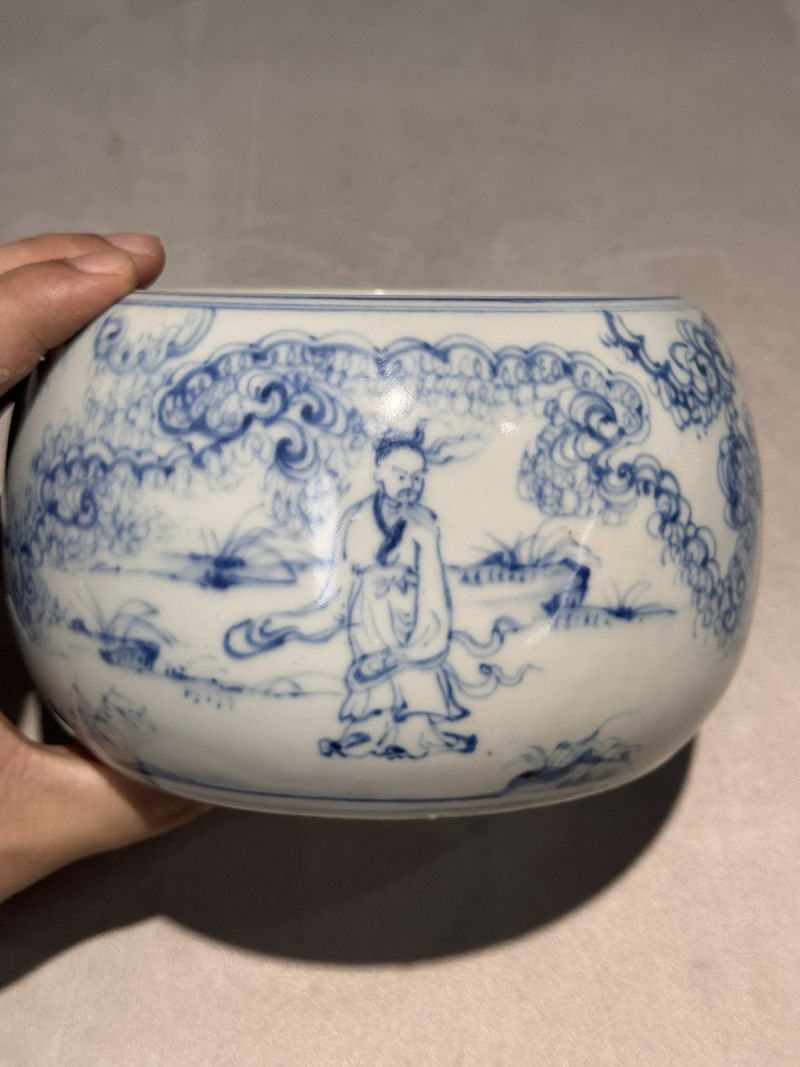 明空白期 青花高士图钵式洗 - 图4