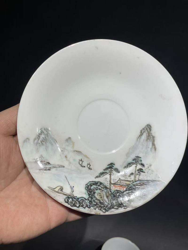 解放后青绿山水杯碟 - 图2