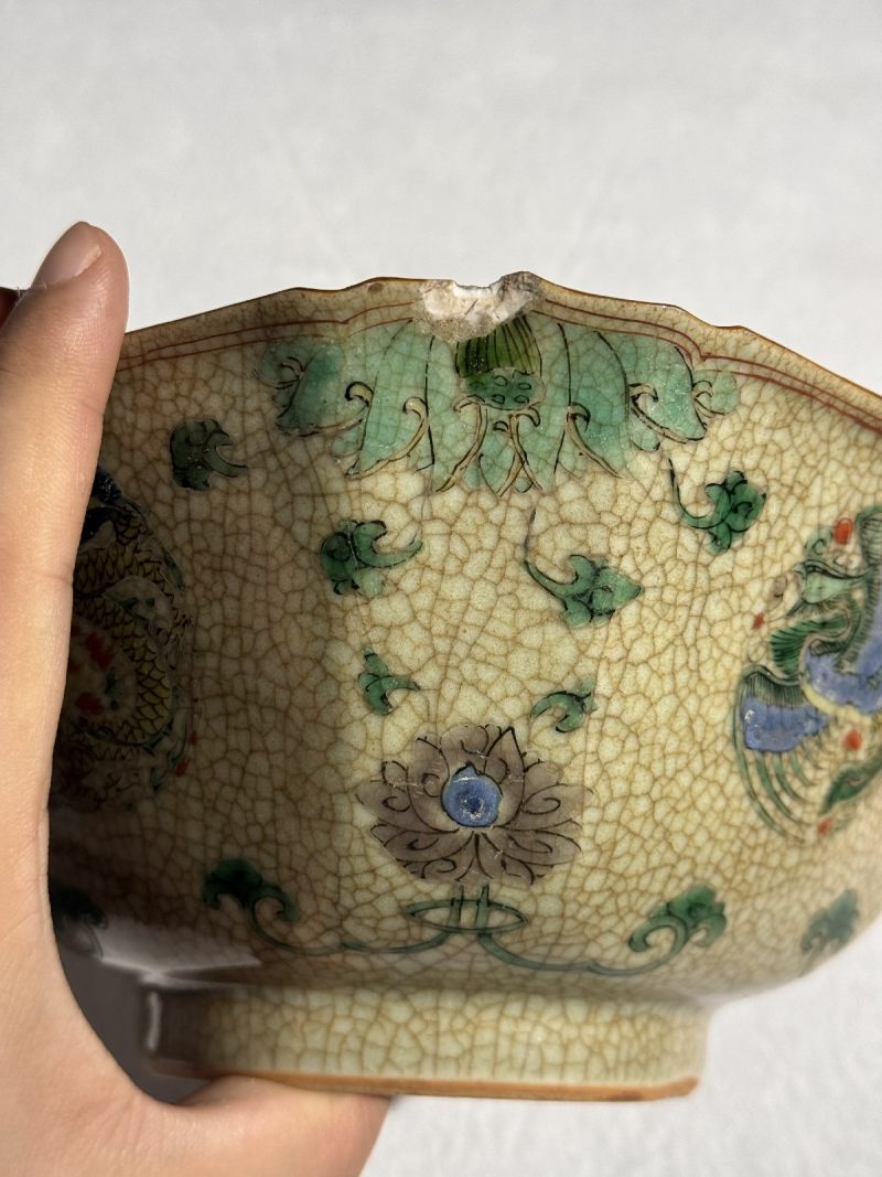 清康熙 郎绿釉五彩龙凤纹方斗碗 - 图9