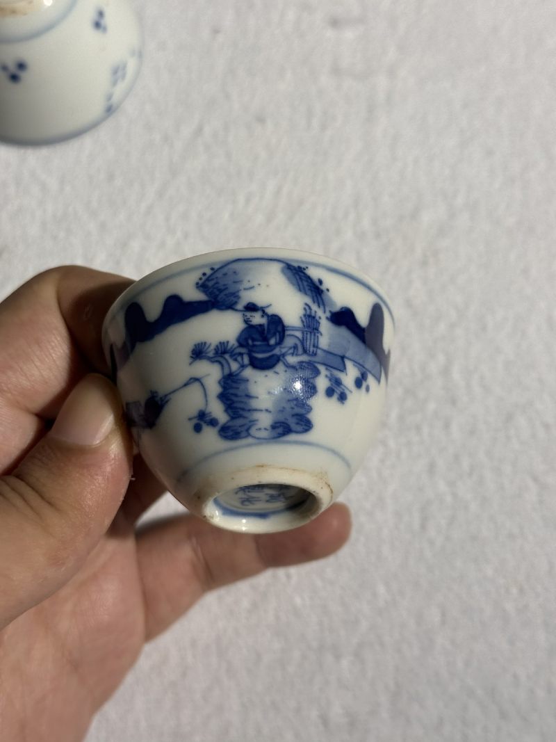 清康熙 青花山水高士垂钓图茶圆 （一对） - 图5