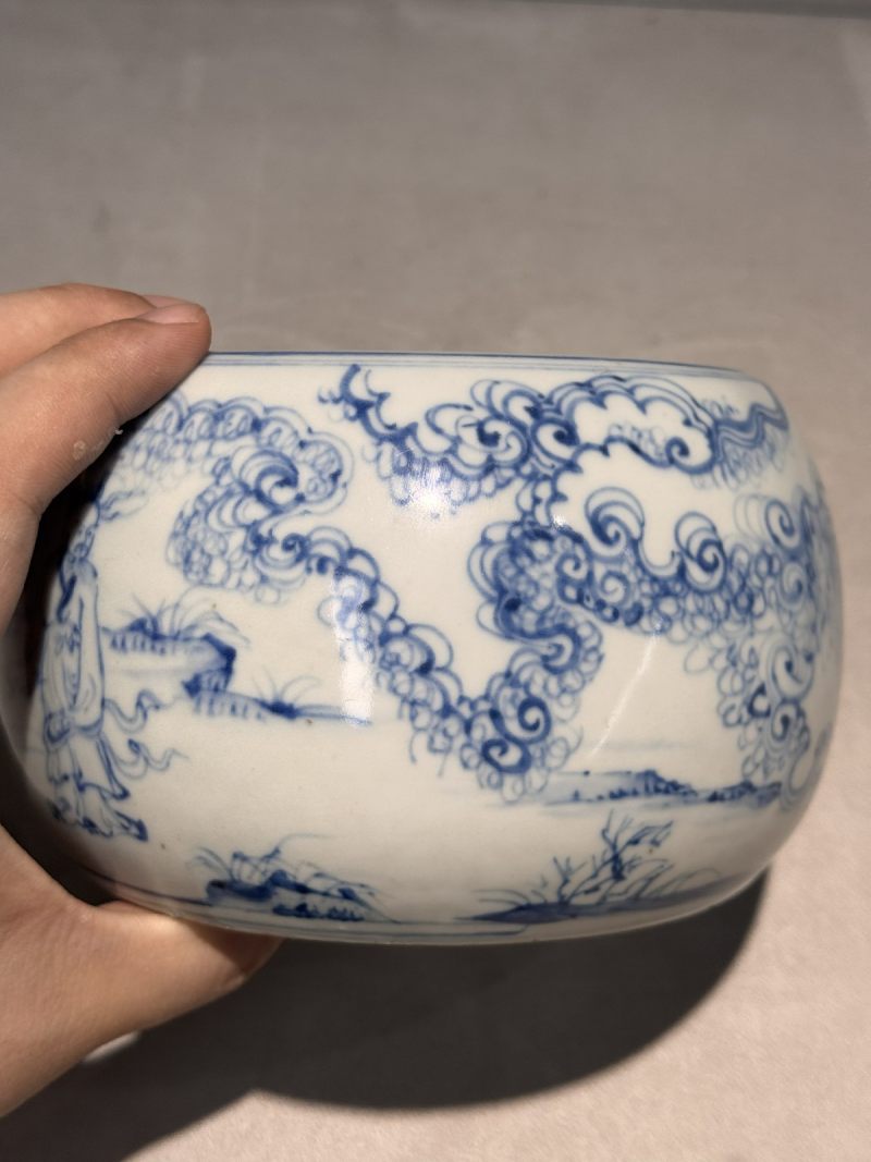 明空白期 青花高士图钵式洗 - 图9