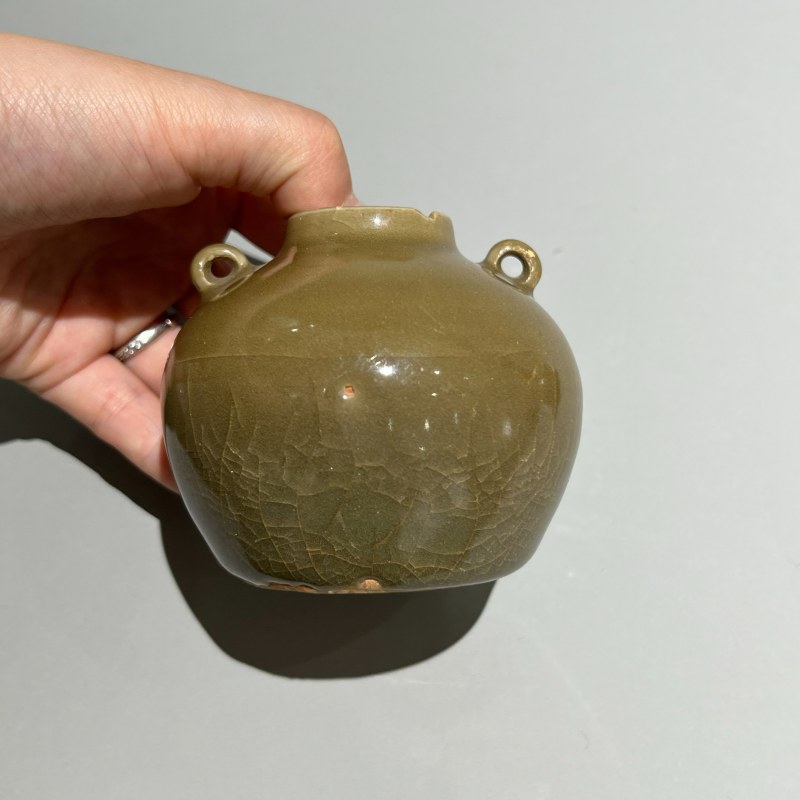 明代 龙泉窑青黄釉双系盖罐一对 - 图9
