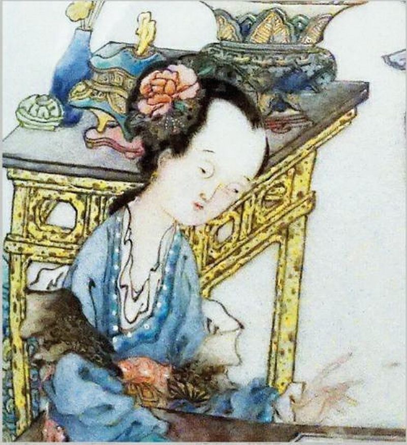 清雍正 广珐琅画仕女婴戏猜拳图折腰盘（唐金堂绘） - 图3
