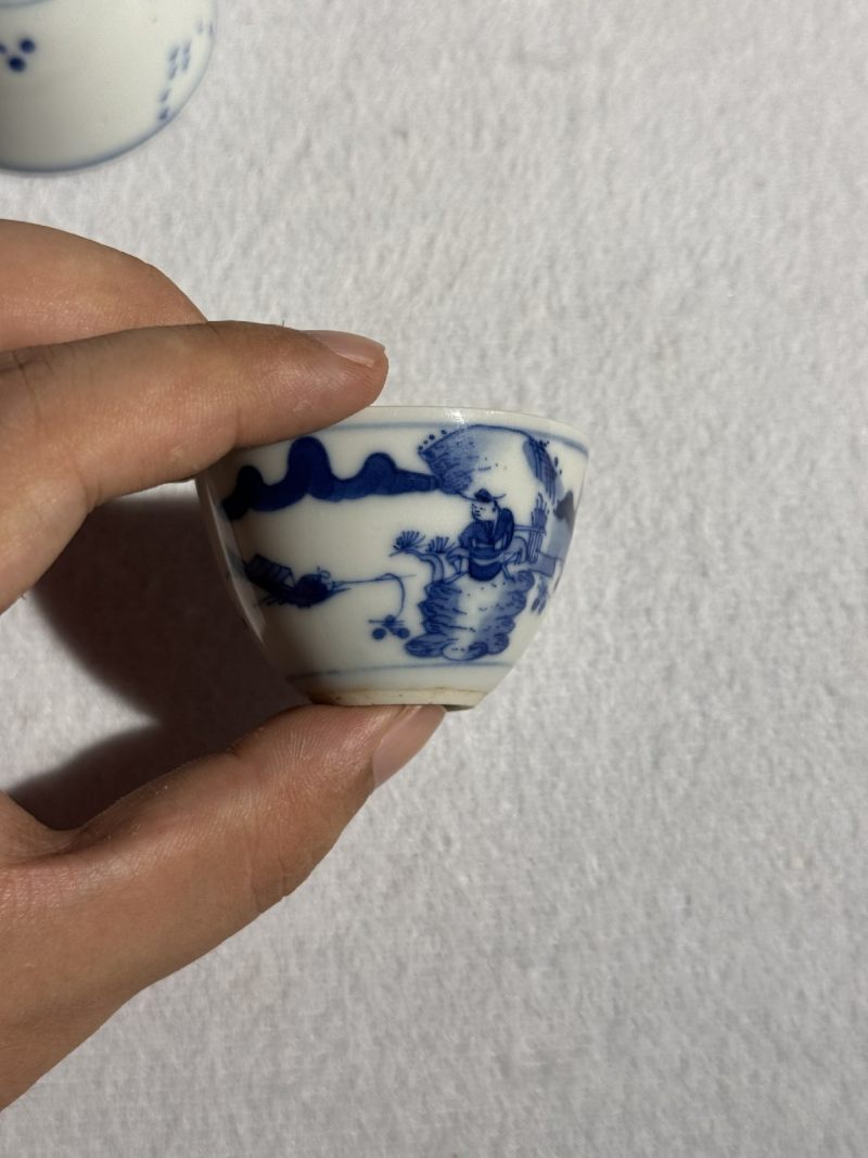 清康熙 青花山水高士垂钓图茶圆 （一对） - 图8