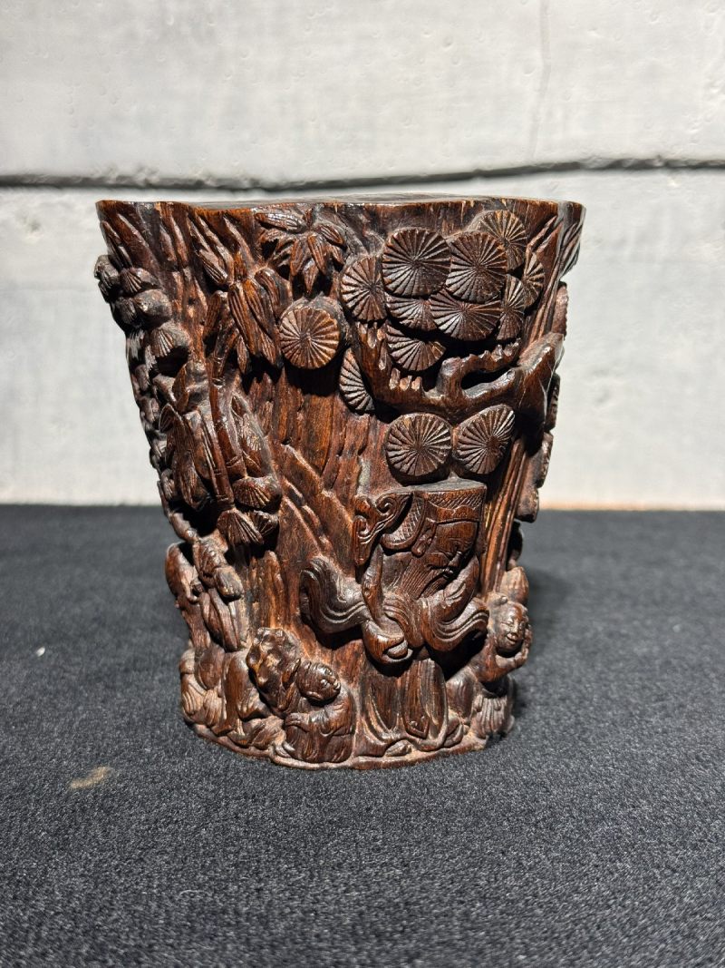 清早期 沉香福禄寿三星笔筒 - 图7