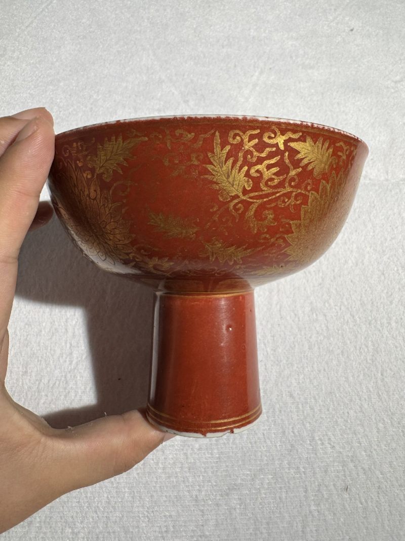 明嘉靖 矾红描金高足碗 - 图4