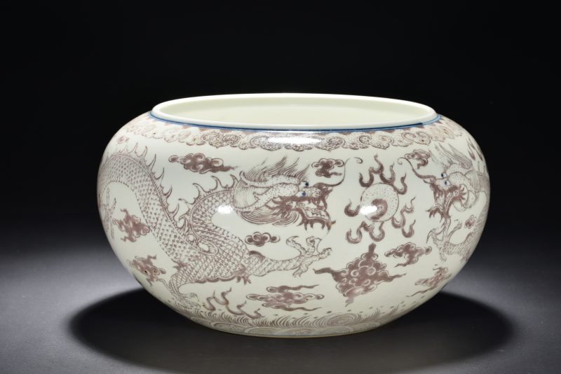 清 青花釉里红双龙捧珠纹大水盂 - 图4