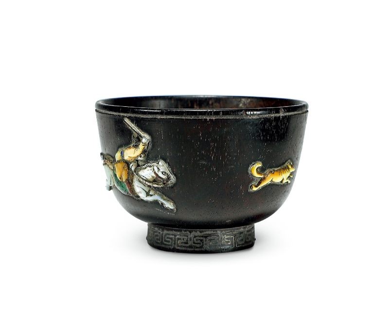 明 紫檀嵌百宝狩猎图诗文杯