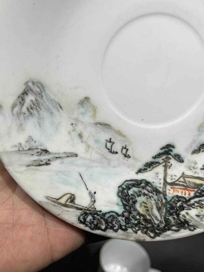 解放后青绿山水杯碟 - 图3
