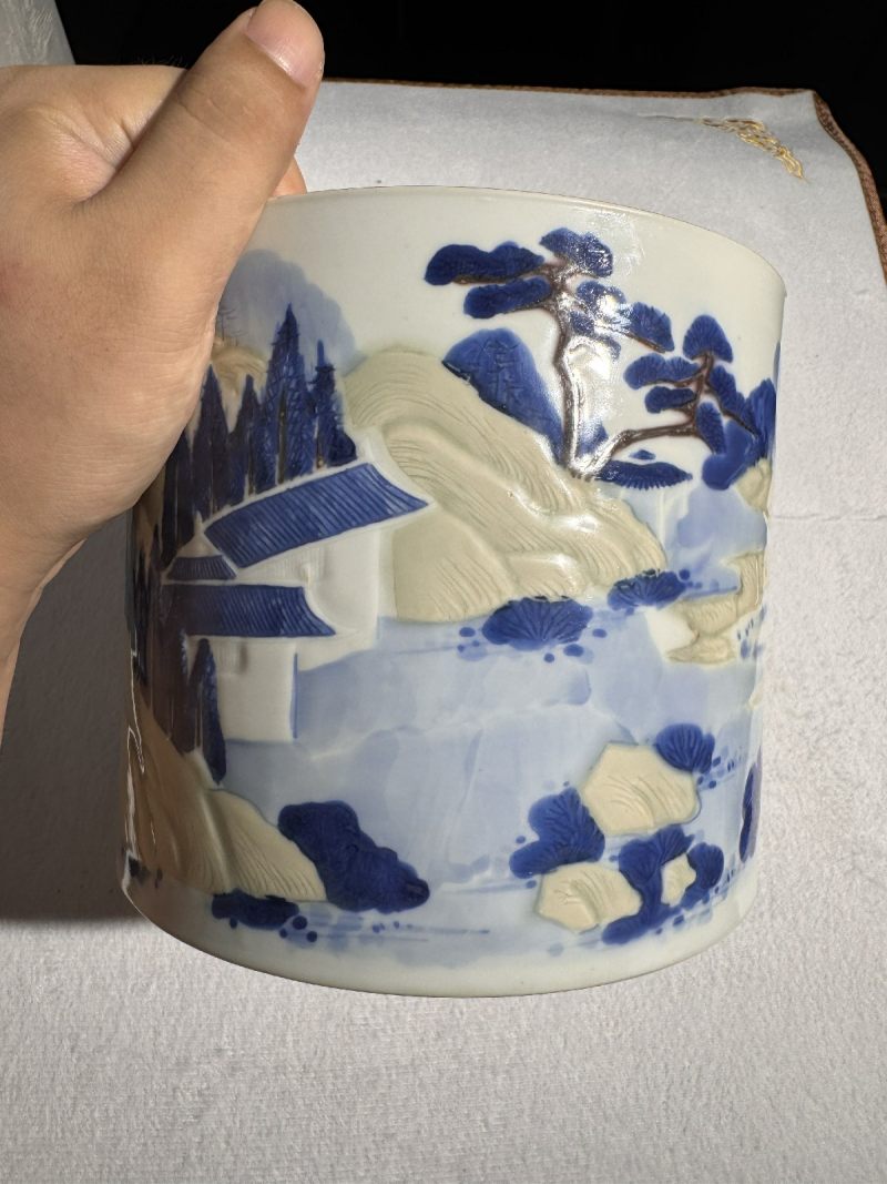 清康熙 釉下三彩山水纹笔筒 - 图8