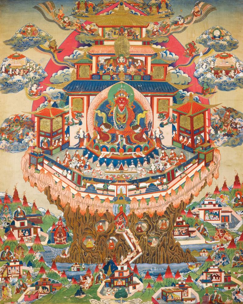 十八世纪 莲师吉祥铜色山唐卡 - 图1