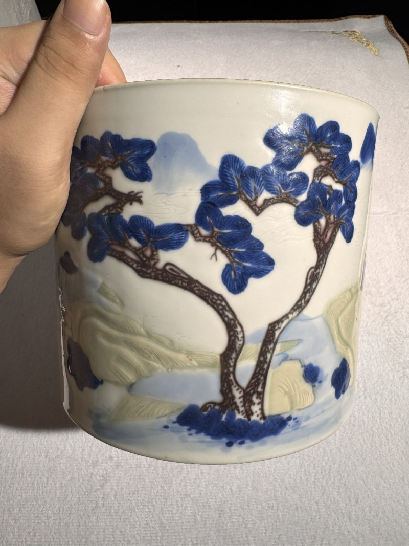 清康熙 釉下三彩山水纹笔筒 - 图10