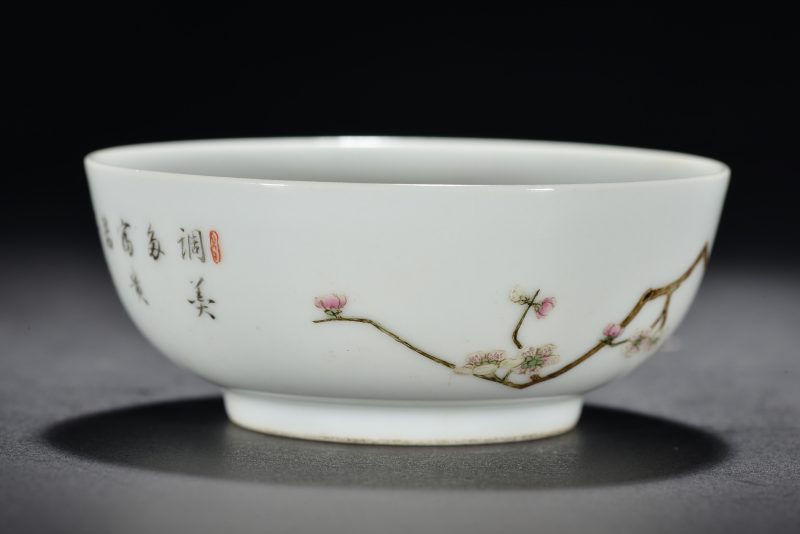 清 粉彩花卉诗文墩式小杯 - 图4