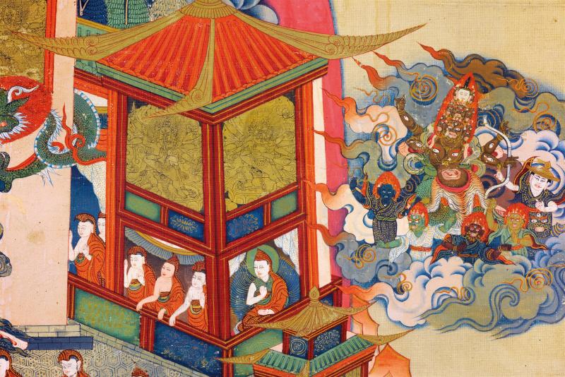 十八世纪 莲师吉祥铜色山唐卡 - 图2