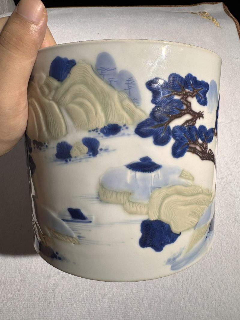 清康熙 釉下三彩山水纹笔筒 - 图11