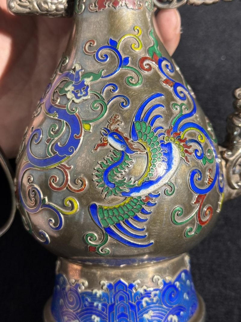 清 银胎嵌珐琅龙凤酒壶 - 图5