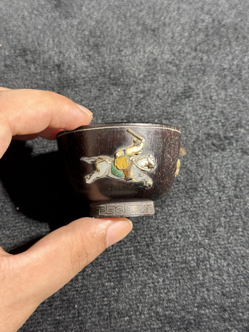 明 紫檀嵌百宝狩猎图诗文杯 - 图8