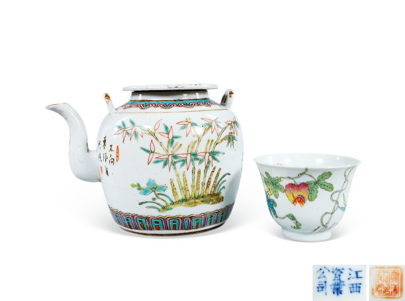 清同治 粉彩癞瓜纹杯粉彩青竹诗文壶 （一组）