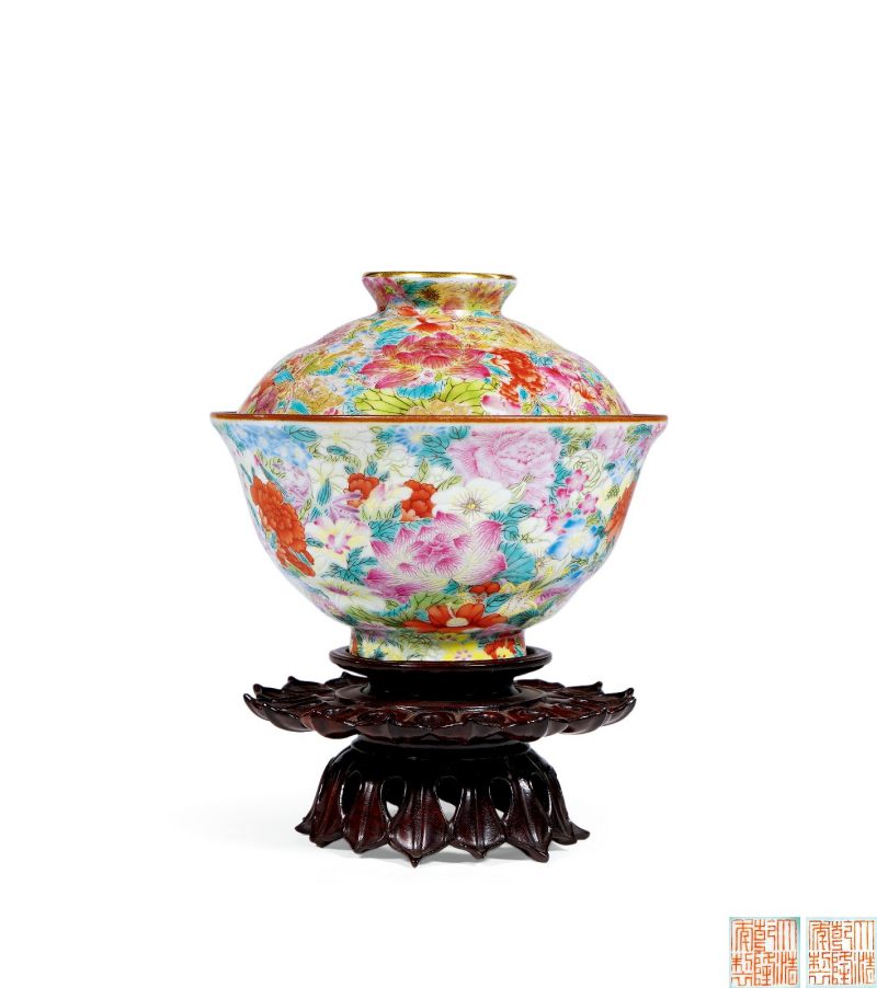 清乾隆 洋彩百花不落地盖碗（配座） - 图1