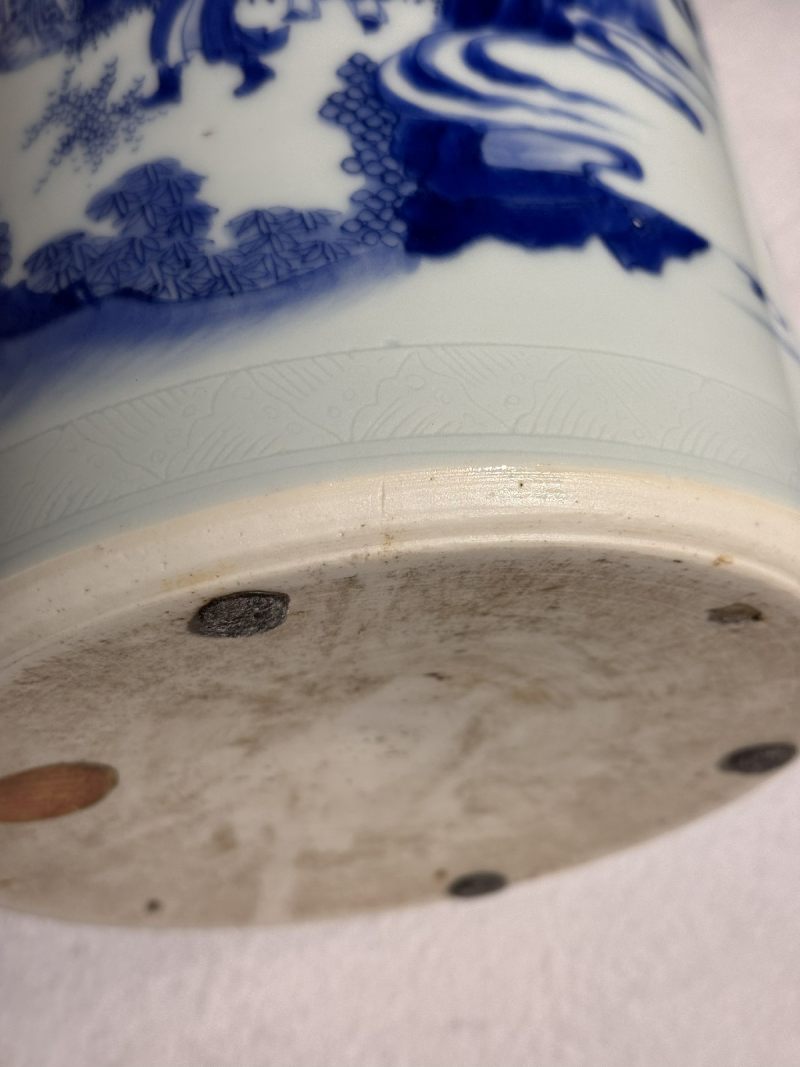 明崇祯 青花文王访贤图大笔海（配鎏金架） - 图8