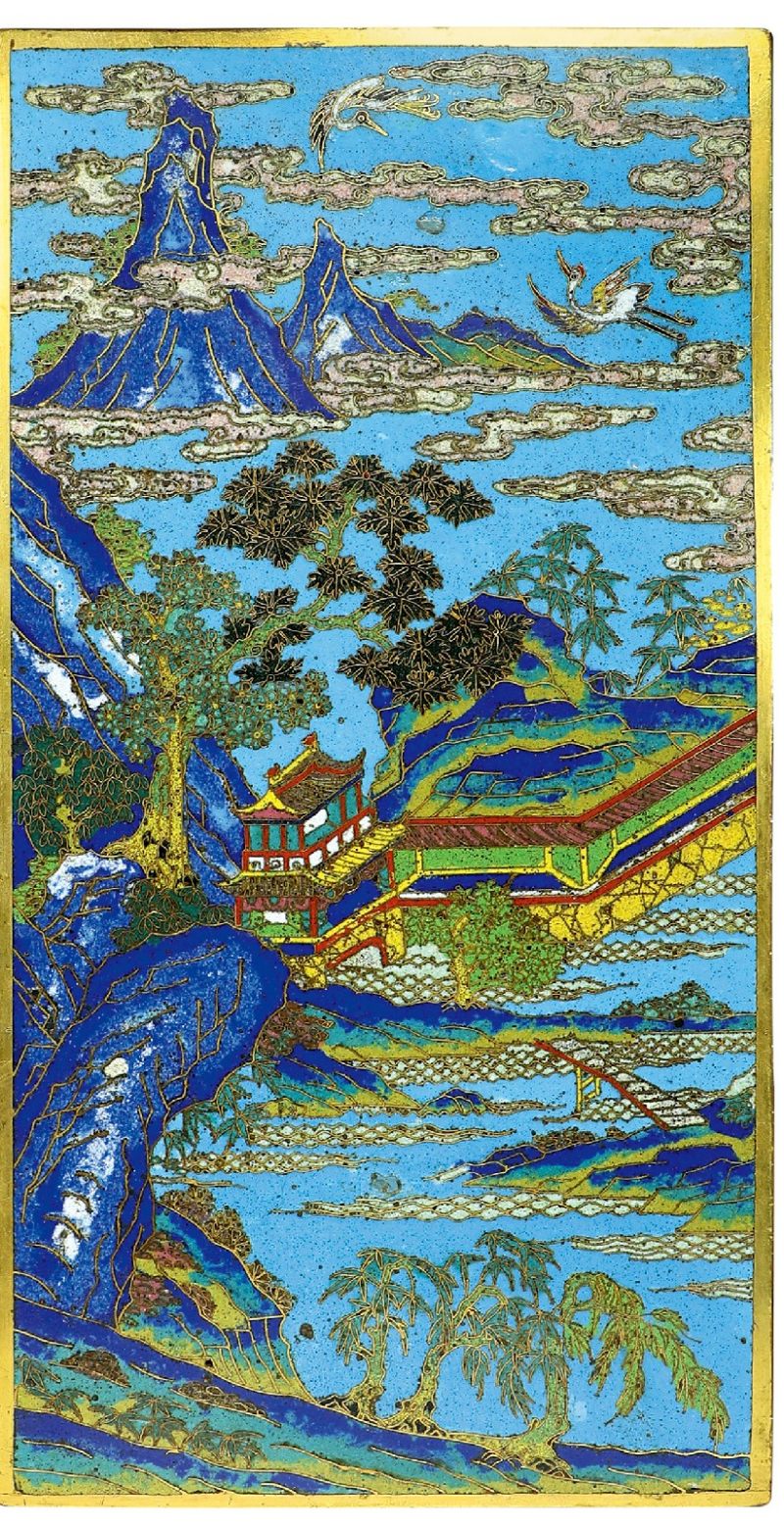 清乾隆 铜胎掐丝珐琅山水楼台云鹤纹琮式瓶 - 图3
